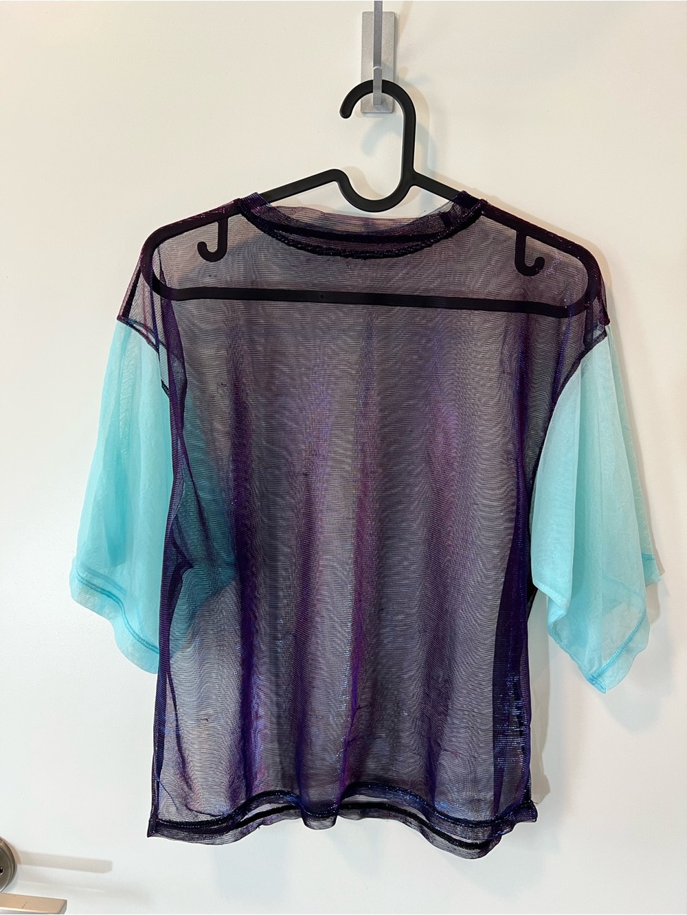 Sheer Short-Sleeve Mesh Top in Purple and Aqua